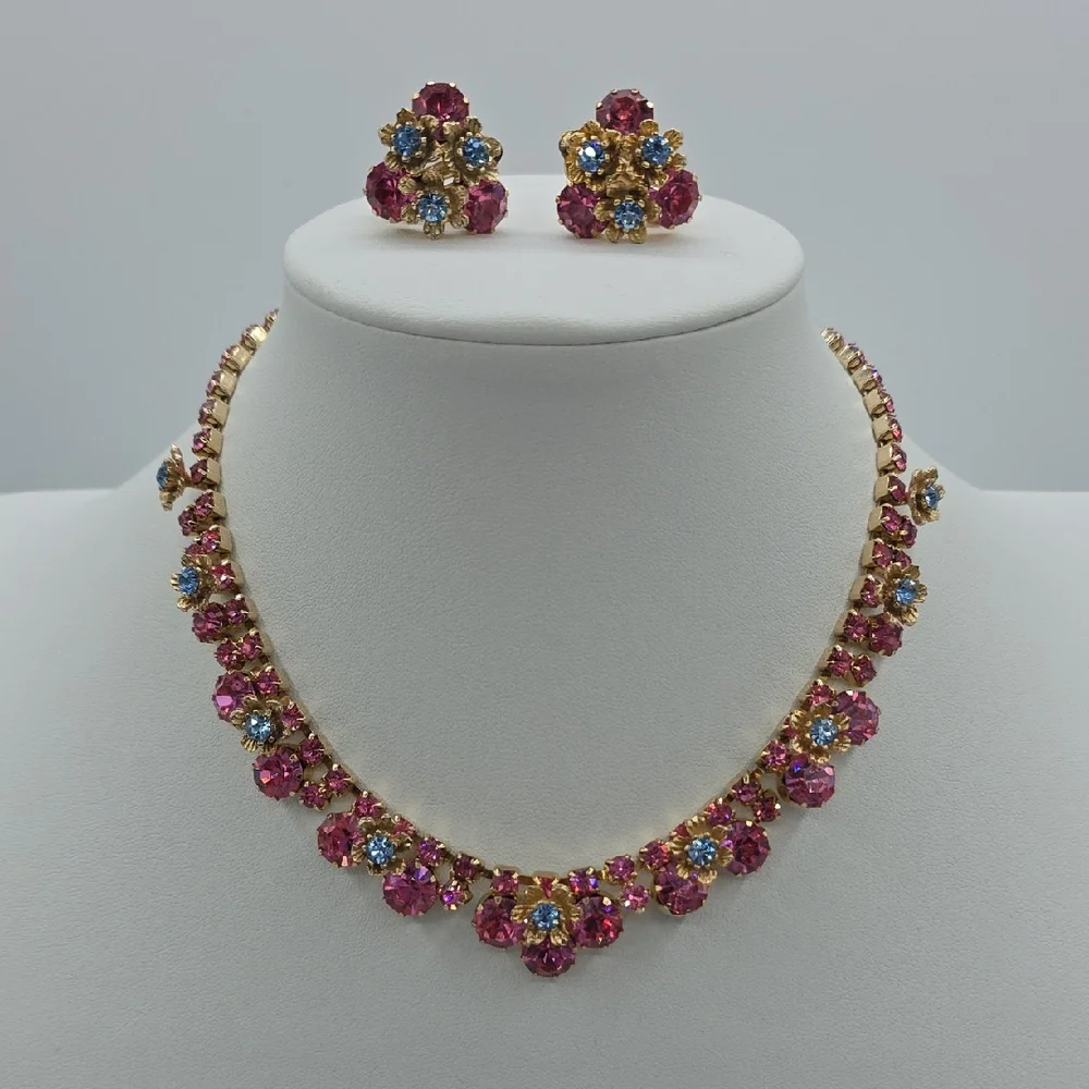 Elegant Pink and Blue Floral Necklace and Earring Set